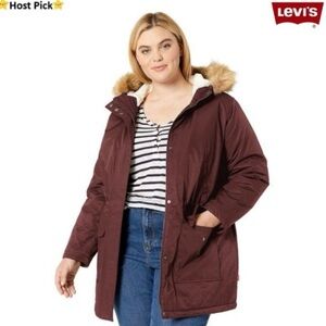 LEVI'S Sherpa Lined Mid-length Hooded Parka Jacket - Wine Red, Plus Sz 1X - NWT